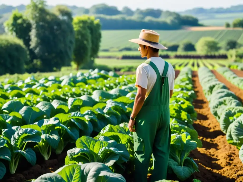 Imagen de granja orgánica con cultivos diversos, sol filtrándose entre hojas y agricultor inspeccionando plantas