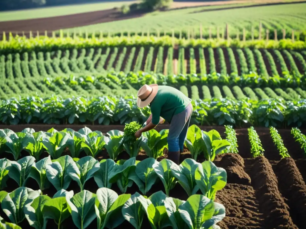 Imagen de granja orgánica con cultivos verdes y relación simbiótica microbios-plantas