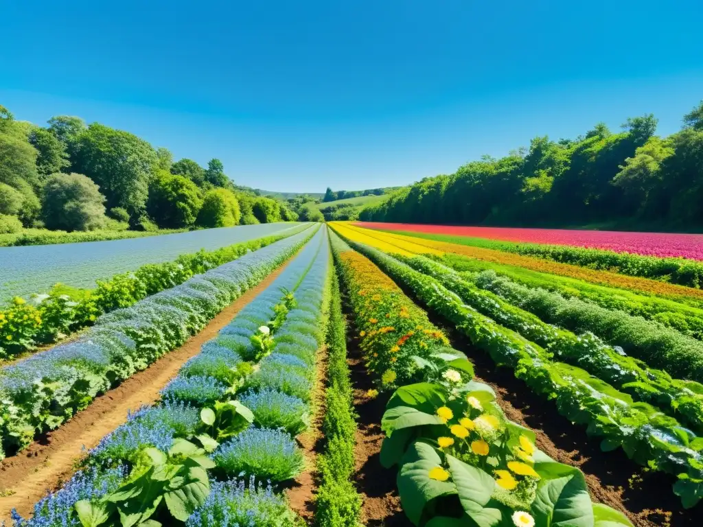 Imagen de granja orgánica diversa, con cultivos coloridos, armonía natural