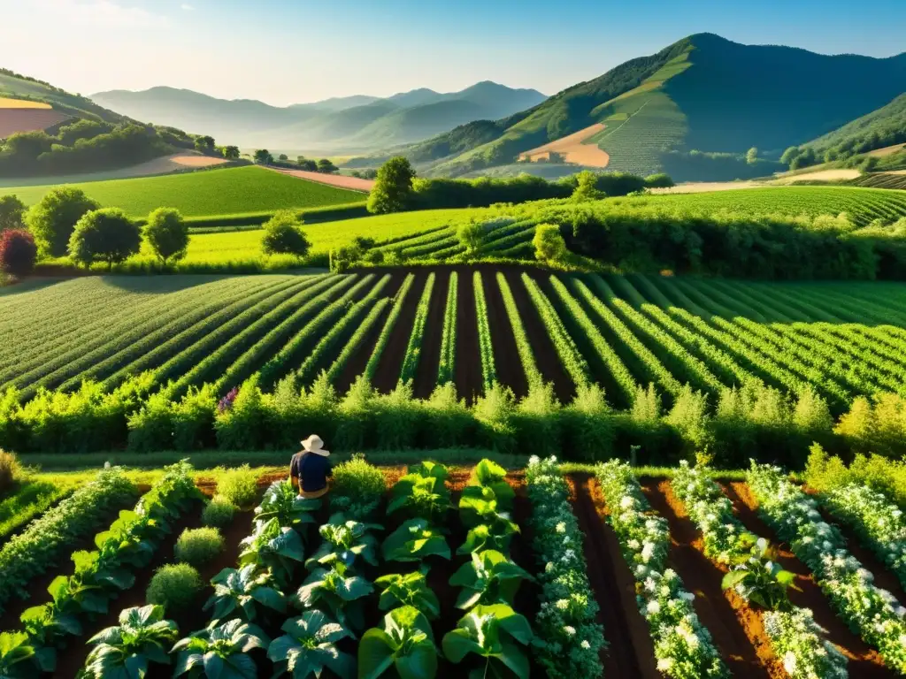 Imagen de granja orgánica próspera y exuberante con cultivos en filas, bañada por cálida luz solar