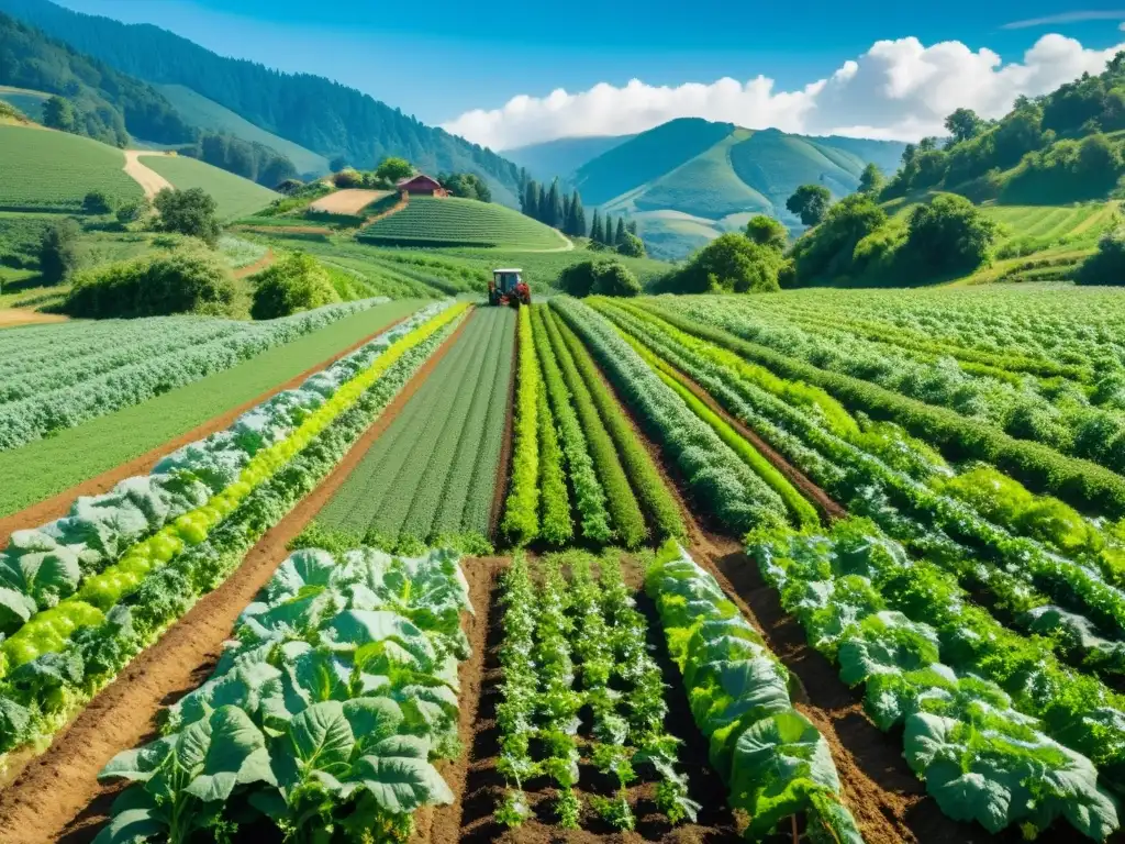 Imagen de una granja orgánica exuberante con cultivos variados y un agricultor usando métodos de agricultura biodinámica