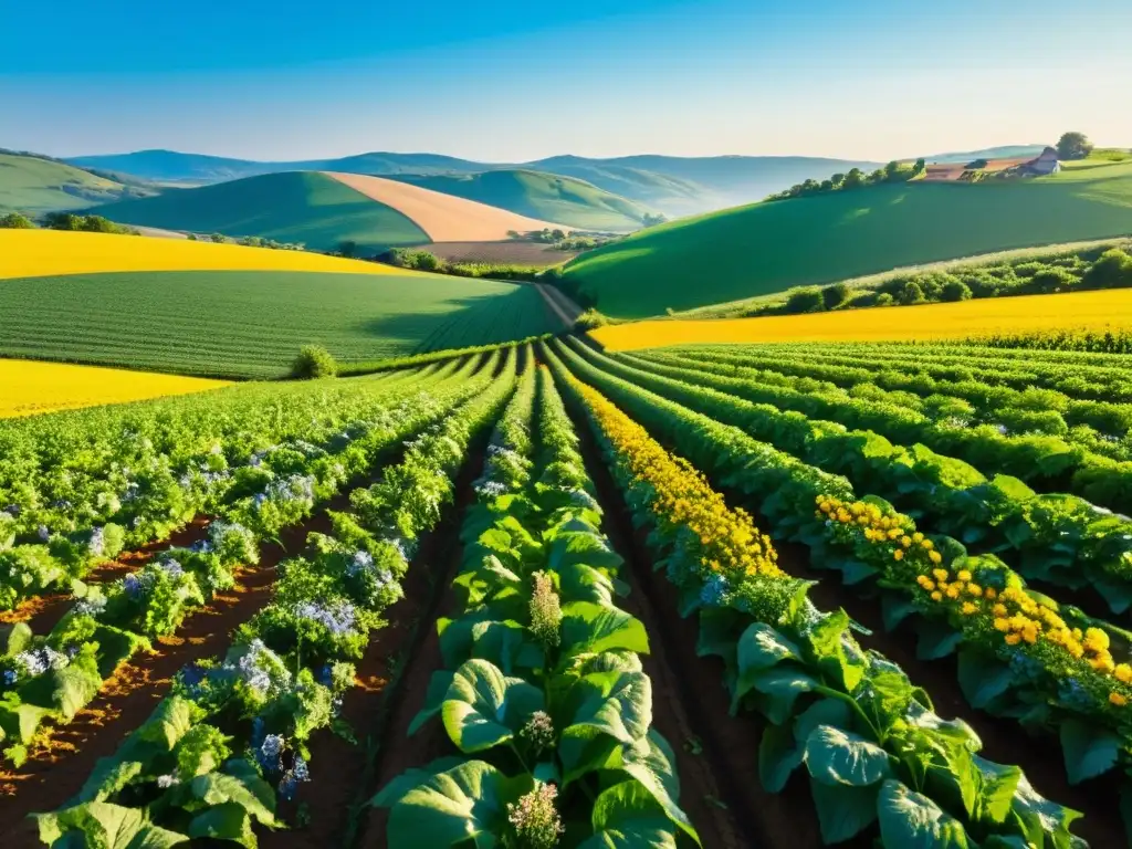 Imagen de una granja orgánica exuberante y vibrante, con cultivos ordenados y flores silvestres