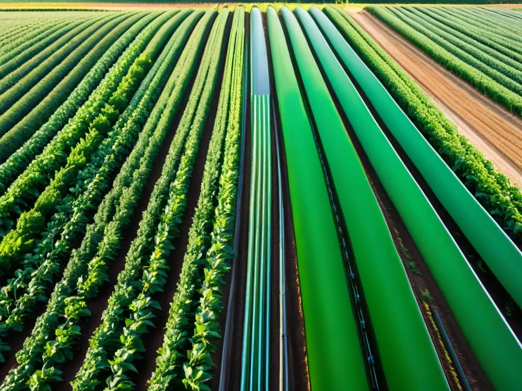 Imagen de una granja orgánica exuberante con cultivos verdes, resaltando la importancia del agua en agricultura orgánica