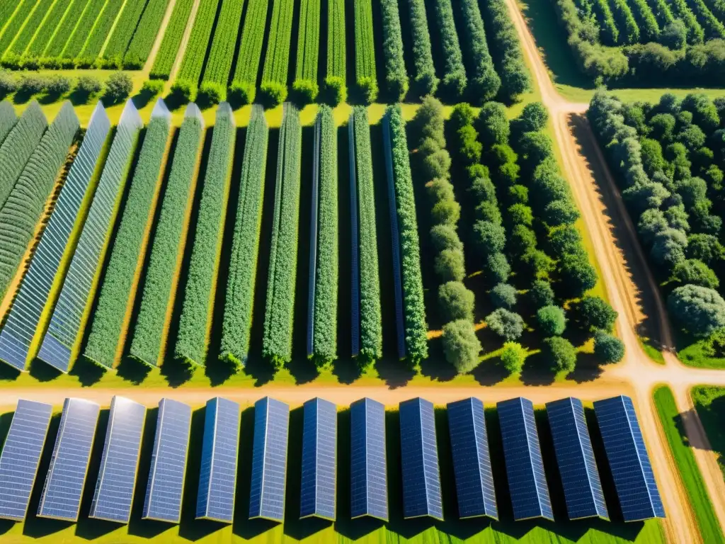 Granja agroforestal: armonía natural y tecnológica Imagen de una granja orgánica moderna con integración de árboles, agricultura y tecnología, irradiando armonía natural