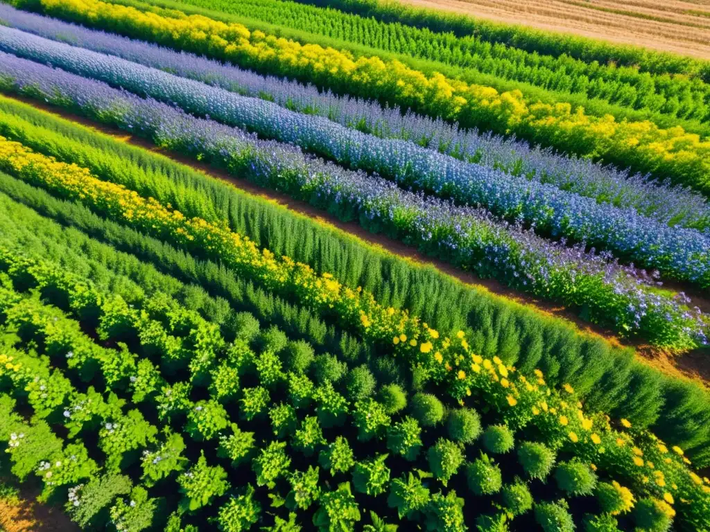 Imagen de granja orgánica sostenible con cultivos exuberantes y vida silvestre, rodeada de naturaleza serena