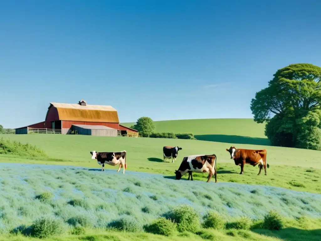 Imagen de granja orgánica con vacas pastando, integración ganadera en armonía con la naturaleza