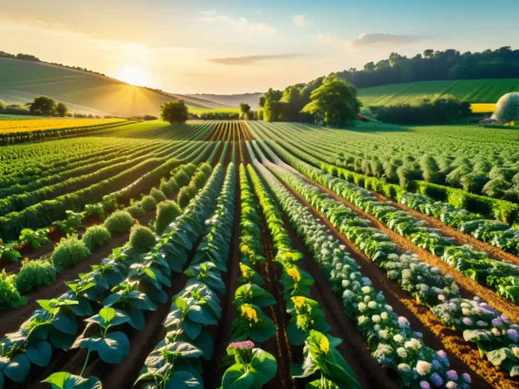 Imagen de una granja orgánica vibrante con formación agricultores orgánicos agroecología, radiando armonía y belleza natural