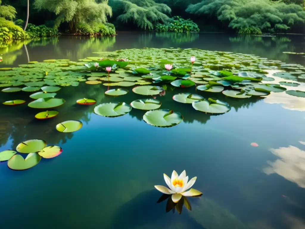 Imagen de un hermoso estanque de agua dulce rodeado de exuberante vegetación, con lirios de agua y peces