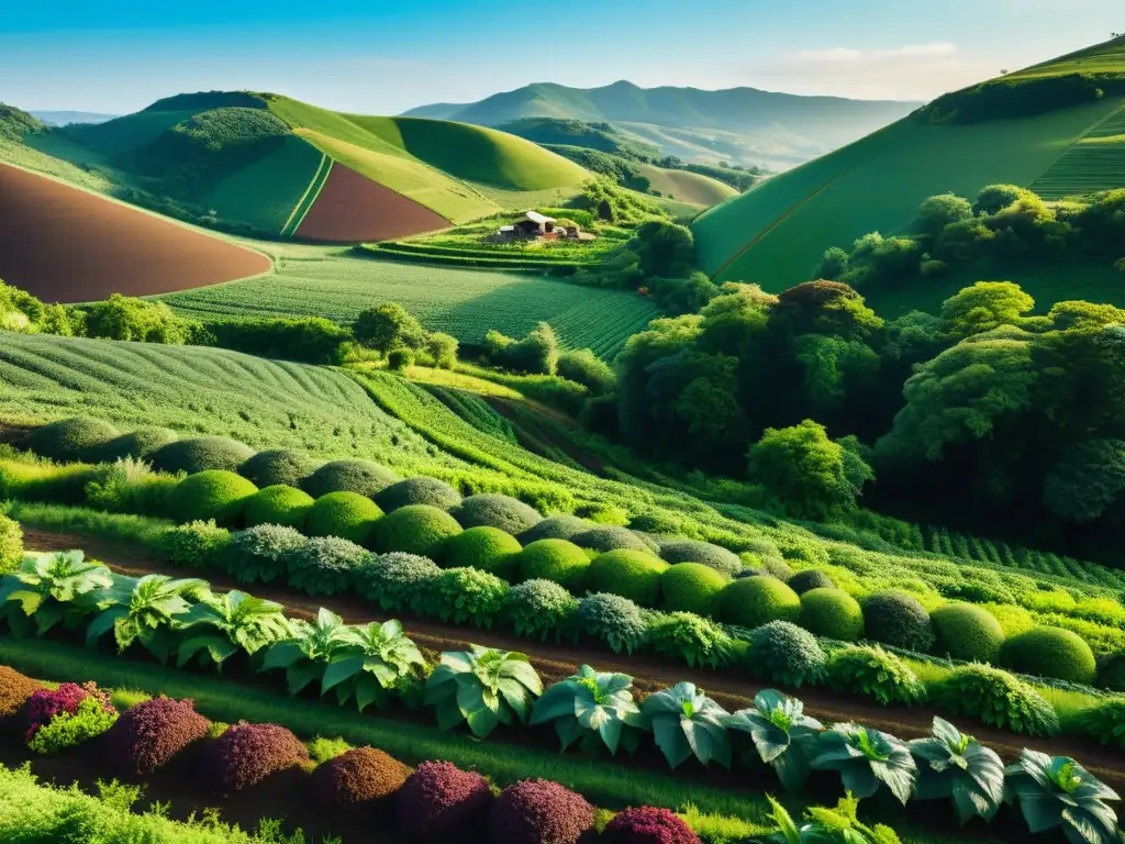 Imagen impactante de una granja orgánica exuberante con vida silvestre, bajo un cielo vibrante