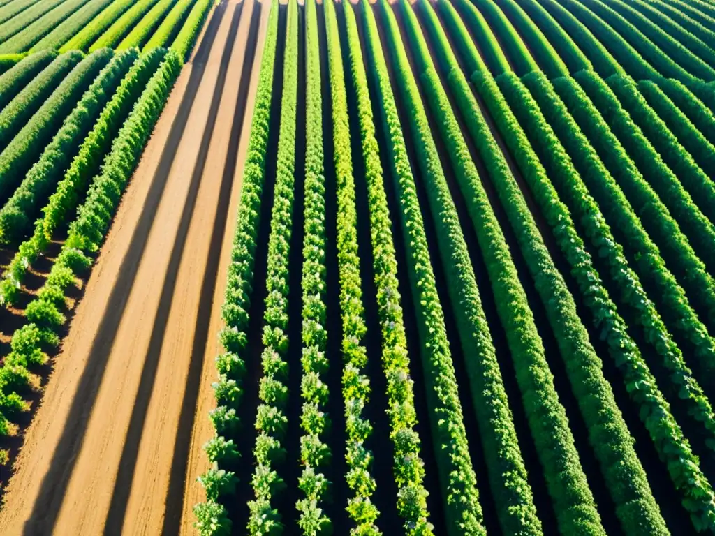 Imagen impactante de una granja orgánica serena, bañada por el sol, con cultivos verdes vibrantes en filas perfectamente alineadas