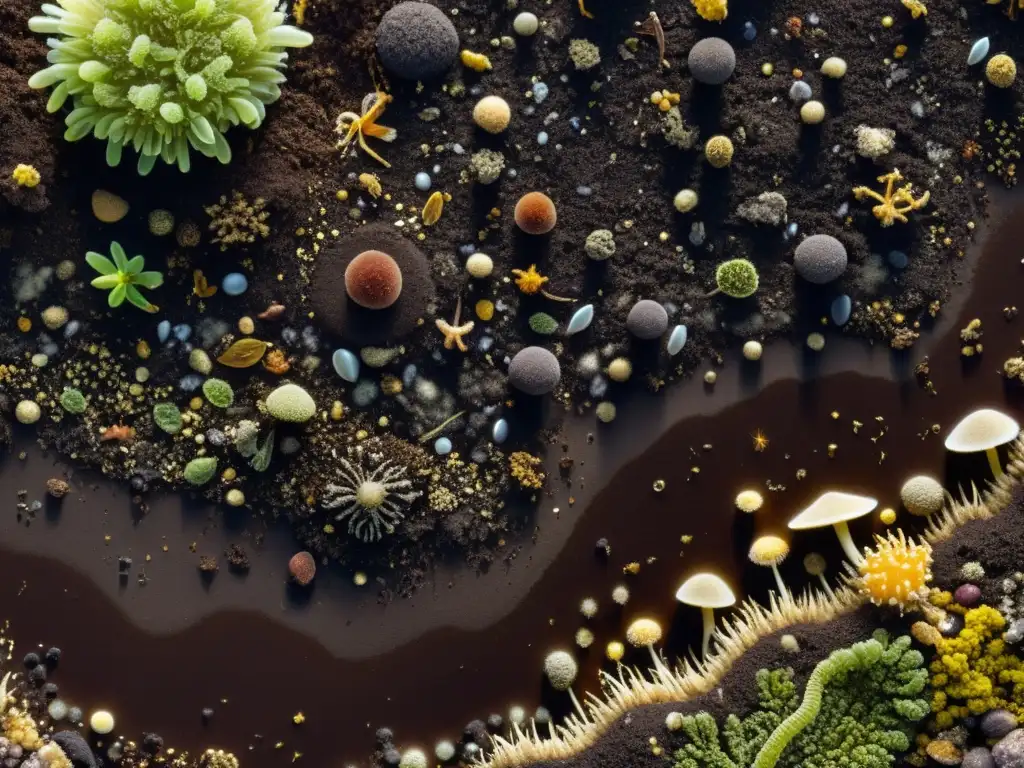 Una imagen impactante del microbioma del suelo orgánico, rebosante de vida microscópica en una representación visualmente impresionante