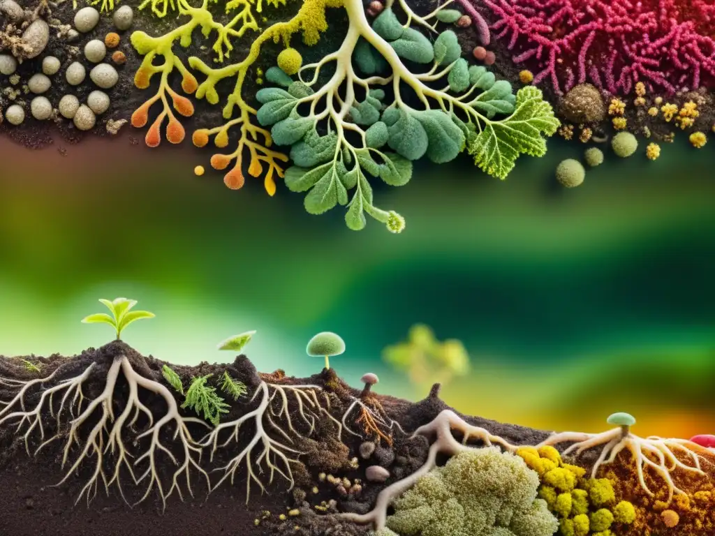 Imagen impactante del microbioma del suelo, lleno de vida y color, mostrando su biodiversidad y resistencia al cambio climático