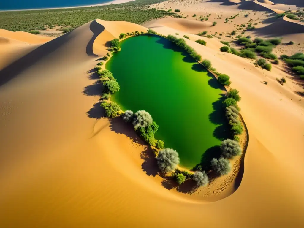 Imagen impactante de un oasis verde en medio del desierto dorado, destacando las técnicas de cultivo orgánico en desierto