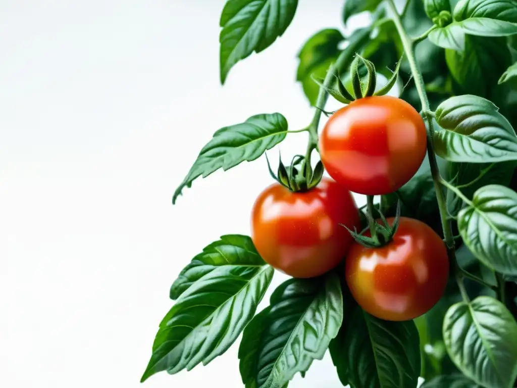 Imagen impresionante de planta de tomate orgánica, con frutos maduros y hojas verdes exuberantes