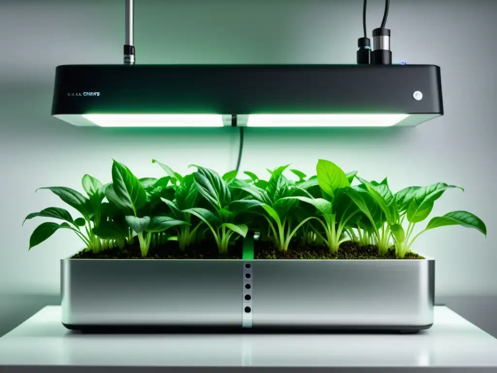 Imagen impresionante de un sistema hidropónico minimalista con plantas vibrantes