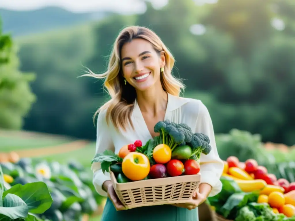 Una imagen luminosa y minimalista de un influencer sonriente sosteniendo una canasta de vibrantes productos orgánicos