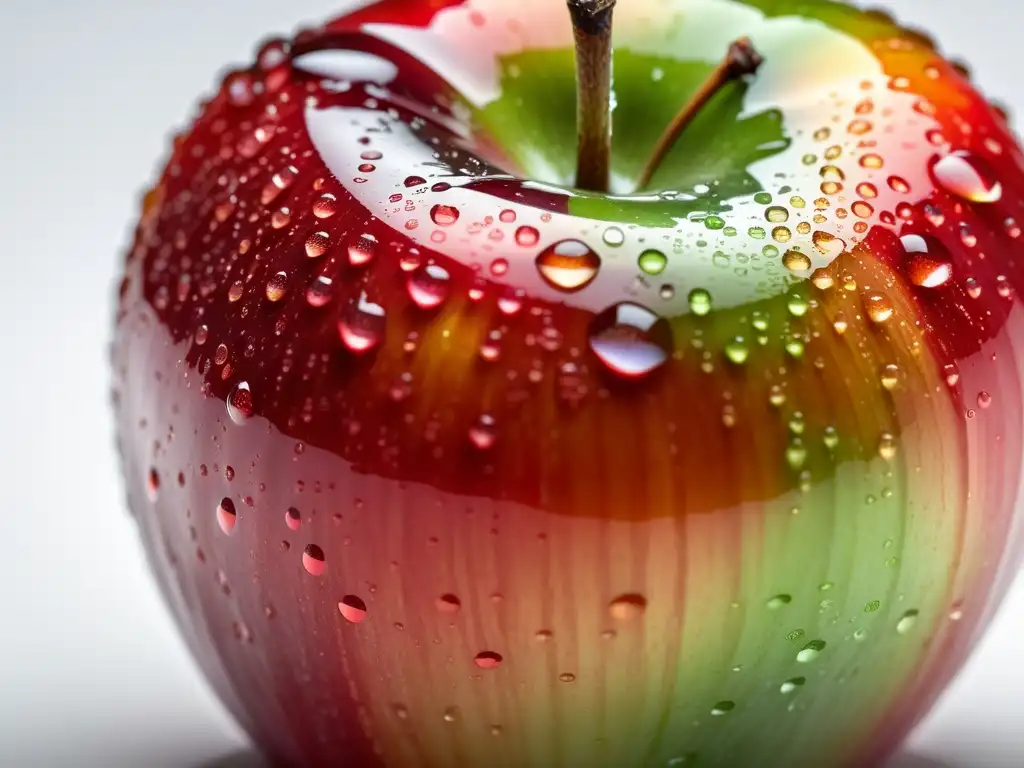 Imagen de alta resolución de una manzana orgánica brillante cubierta de gotas de agua, destacando su pureza y belleza