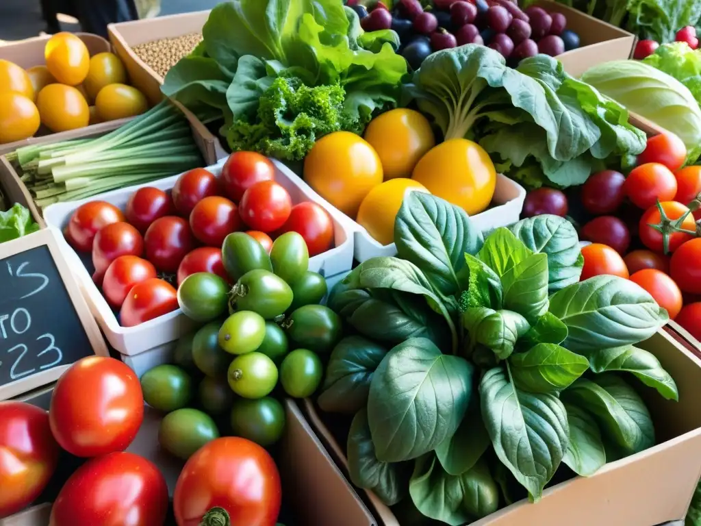 Imagen de mercado orgánico con frutas y verduras vibrantes, iluminado por el sol