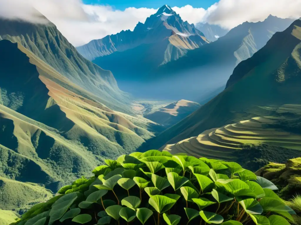 Imagen de montañas verdes andinas con plantas de maca orgánica, exudando vitalidad y energía natural