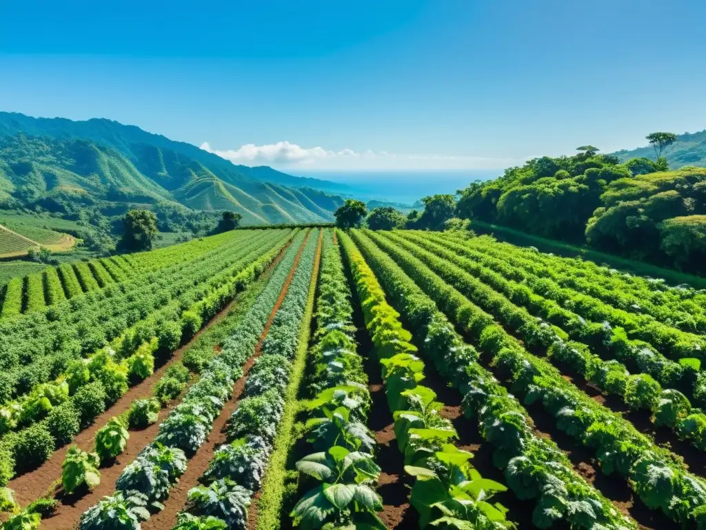 Imagen de paisaje agroforestal exuberante con cultivos orgánicos y frutales, reflejando abundancia y serenidad