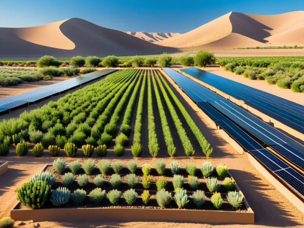 Imagen de paisaje desértico con permacultura en zonas áridas orgánica, vegetación escasa, cielo azul y sistemas de riego