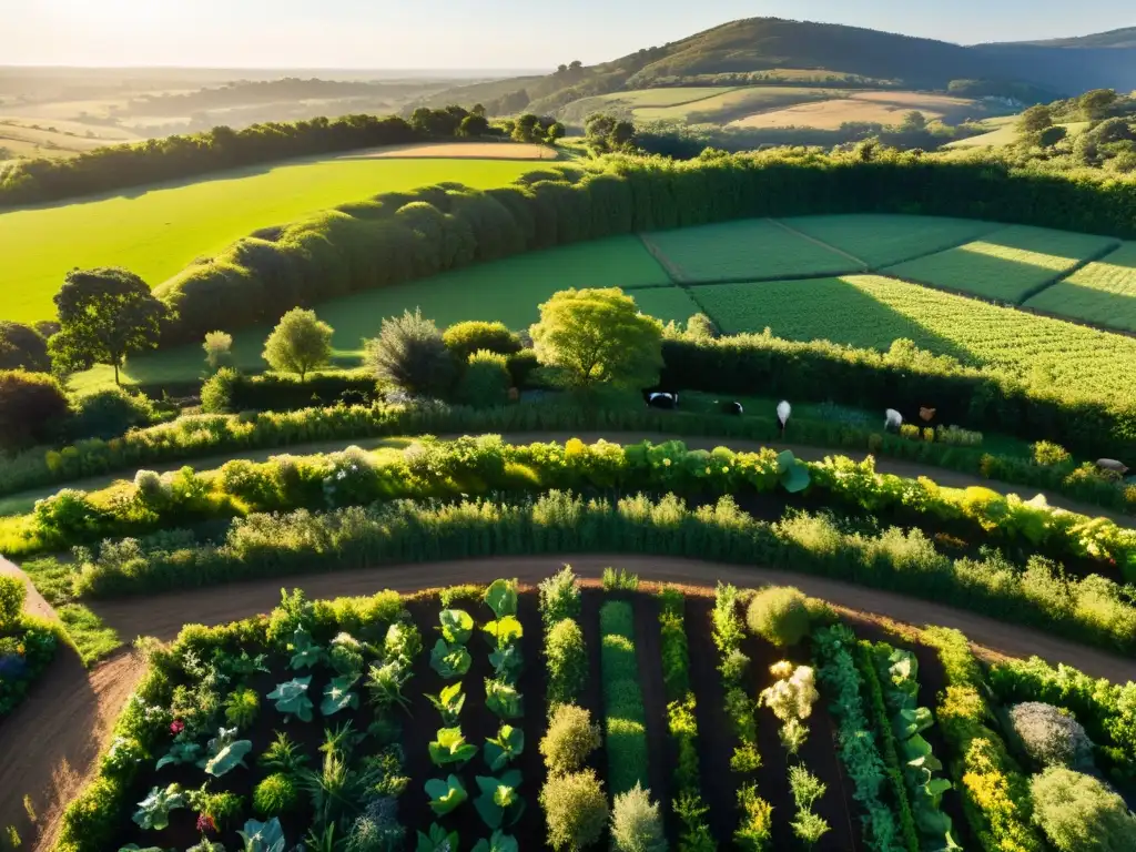 Imagen panorámica de una exuberante granja de permacultura con animales pastando en áreas cercadas, bañada en cálida luz dorada