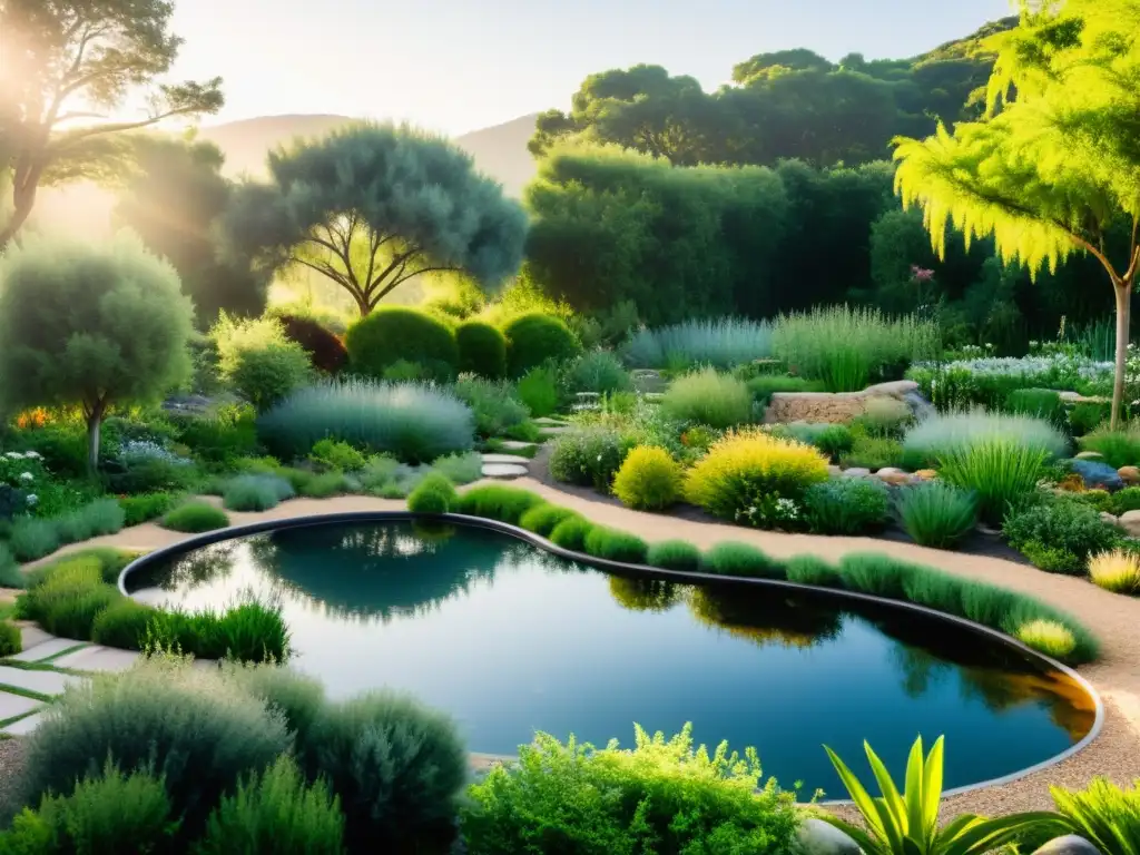 Imagen de jardín de permacultura con manejo eficiente de aguas, hermosa y sostenible