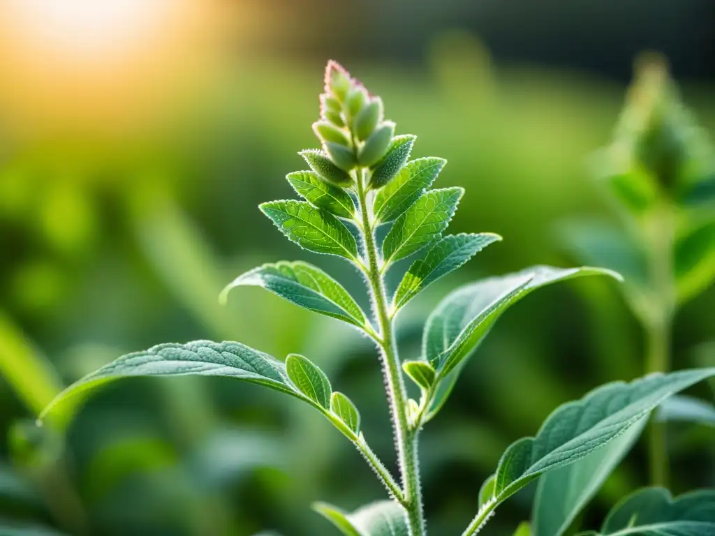 Imagen de una planta de quinua orgánica vibrante en un campo soleado, destacando su belleza natural