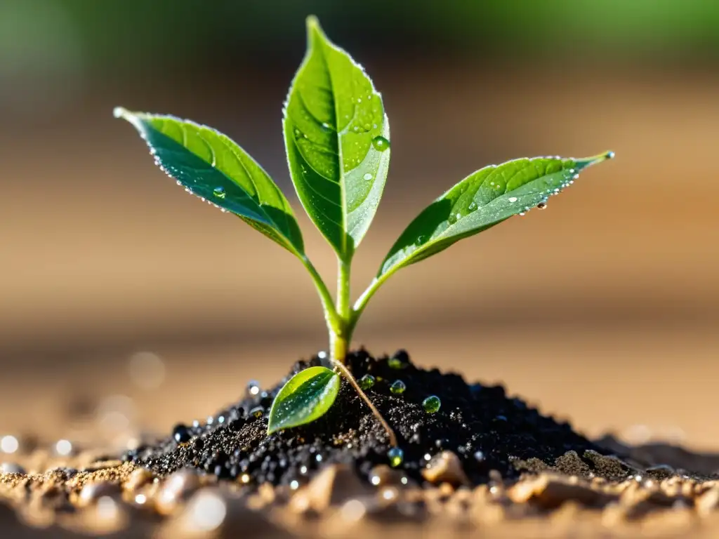 Imagen de una planta verde resistente con gotas de agua, destaca sobre la tierra seca