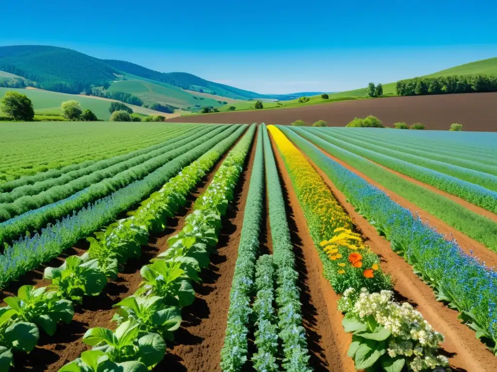 Imagen de una próspera granja orgánica, con cultivos verdes y flores silvestres, suelo fértil y colinas al fondo