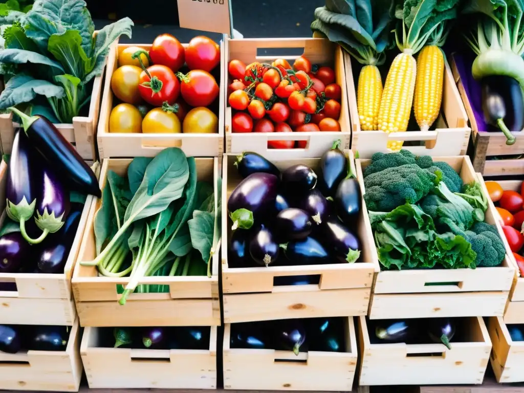 Imagen de un puesto de alimentos orgánicos en dieta vegetariana en un bullicioso mercado, con verduras y frutas frescas en cajas y canastas de madera