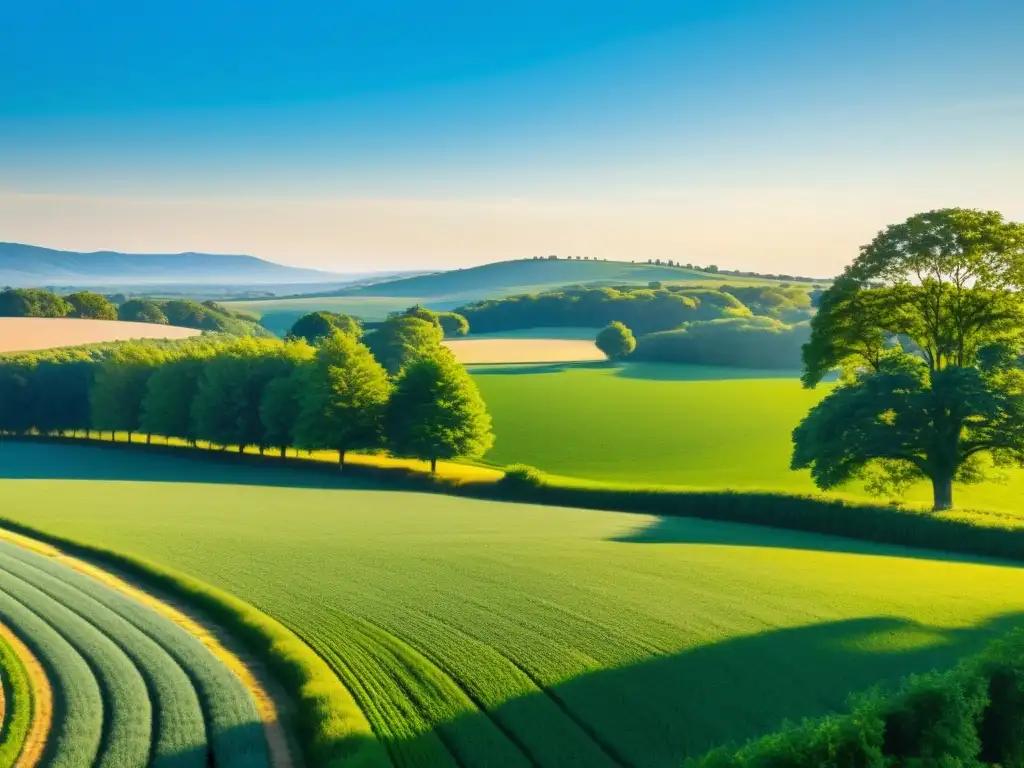 Imagen serena de una granja orgánica bañada por el sol, con campos verdes y árboles majestuosos