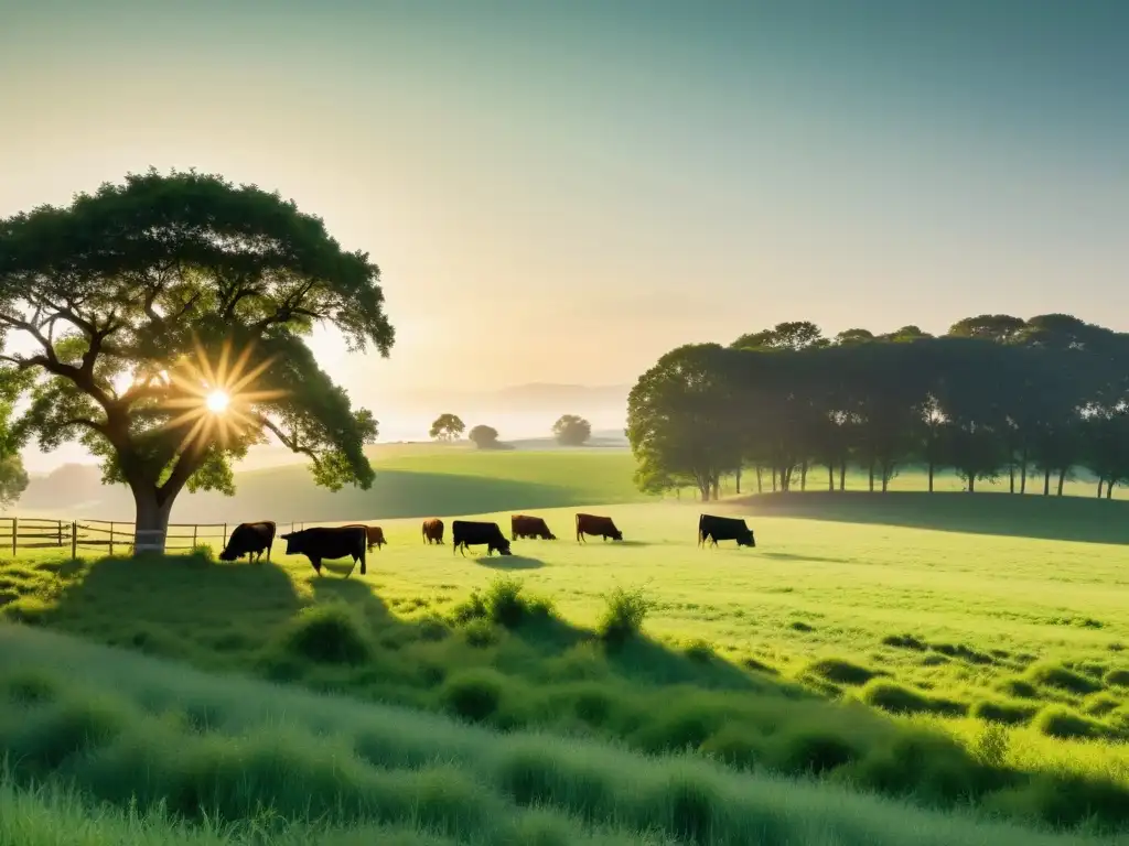 Imagen serena de una granja orgánica con integración ganadera, armonizando la coexistencia pacífica entre agricultura y ganadería