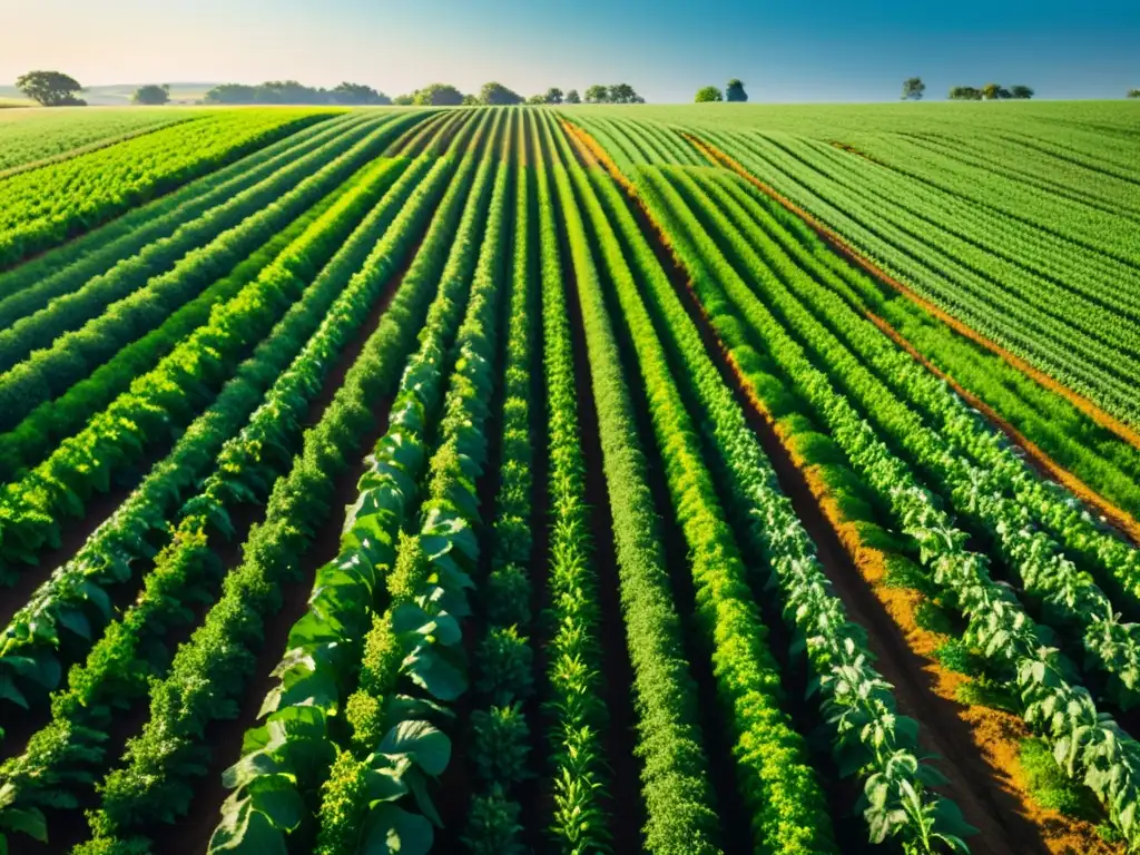 Imagen serena de una granja orgánica con cultivos verdes y ordenados, bañada por la luz del sol