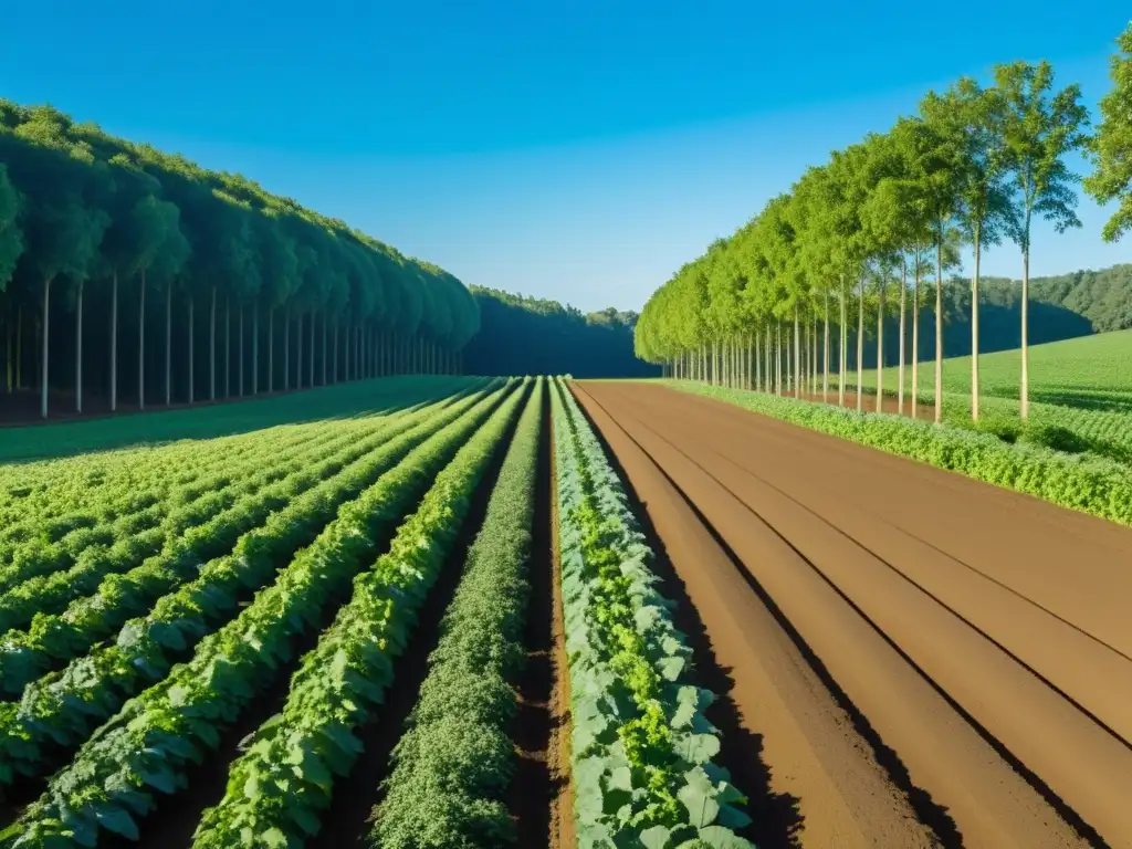 Imagen serena de un paisaje agroforestal con cultivos orgánicos y árboles