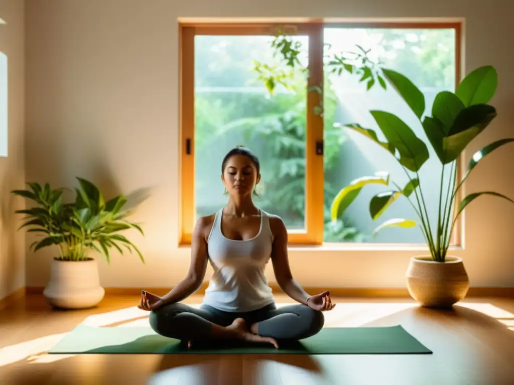 Una imagen serena de una persona practicando yoga en un espacio iluminado por el sol, rodeada de plantas verdes y elementos naturales