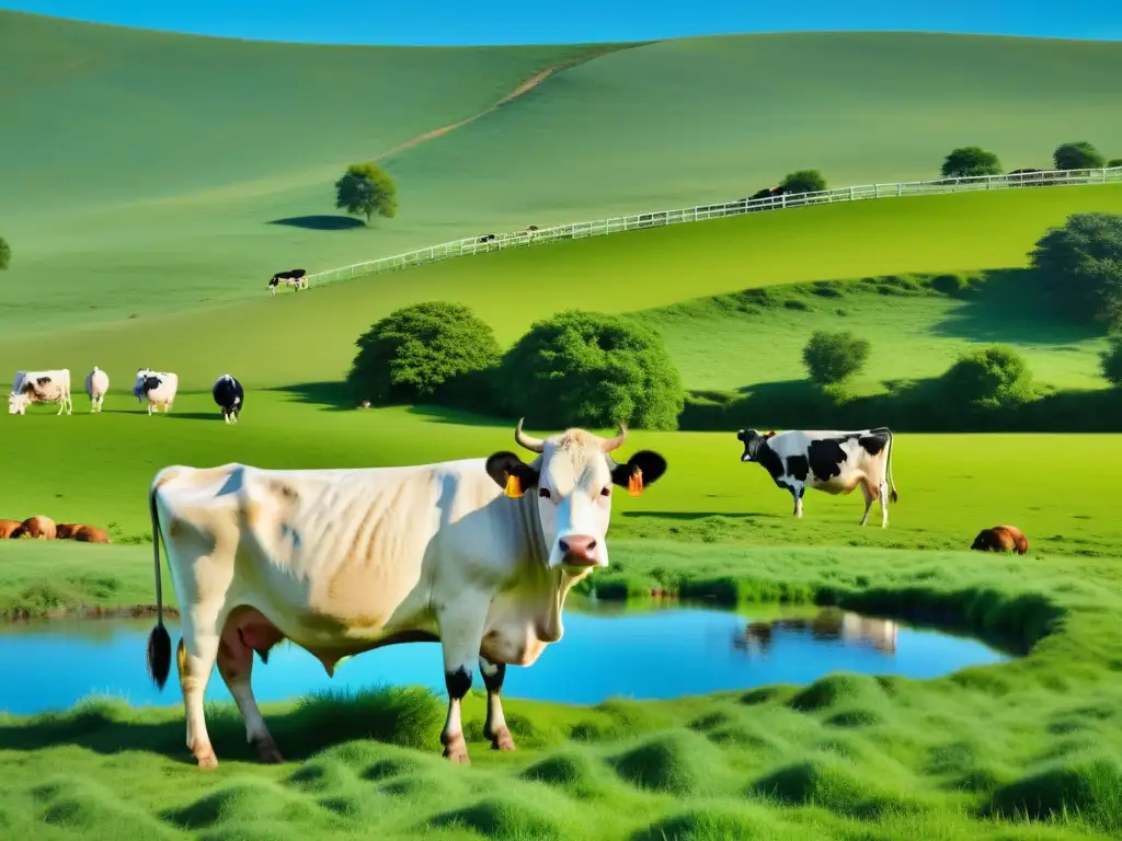 Imagen serena de vacas orgánicas pastando en un prado verde bajo cielo azul, evocando armonía ambiental y leche orgánica