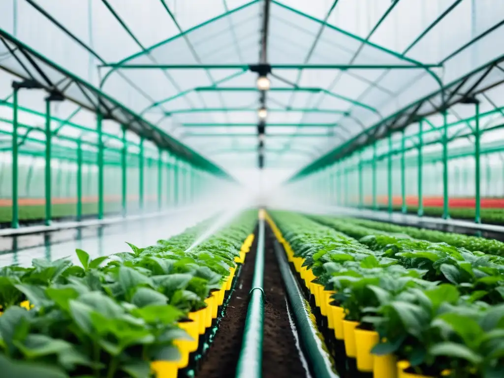 Imagen de un sistema de riego automatizado en invernadero, con plantas orgánicas vibrantes