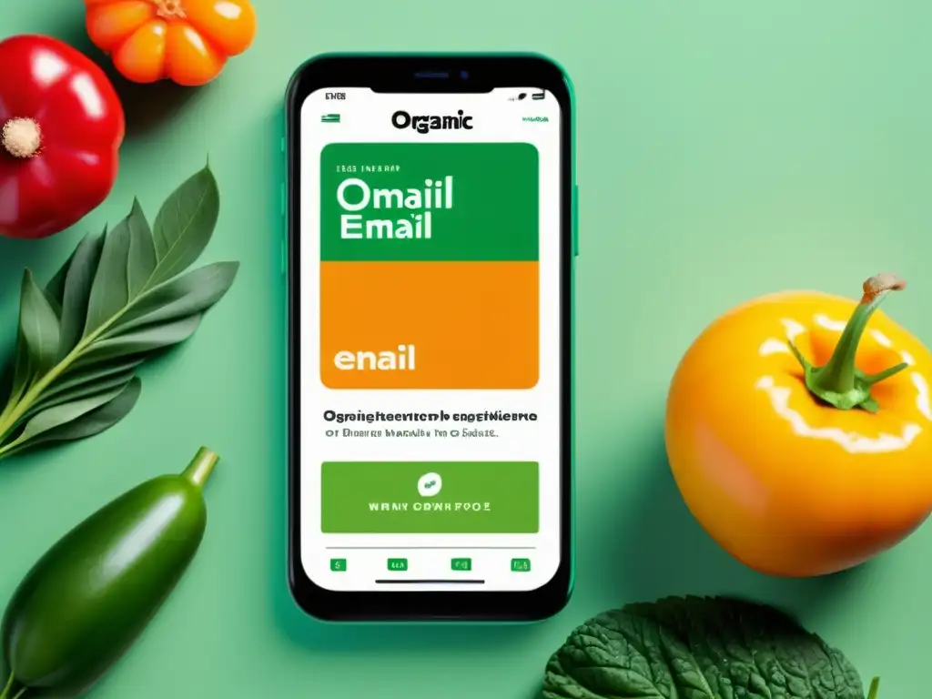 Imagen de smartphone moderno mostrando una campaña de email marketing orgánico con diseño fresco y profesional