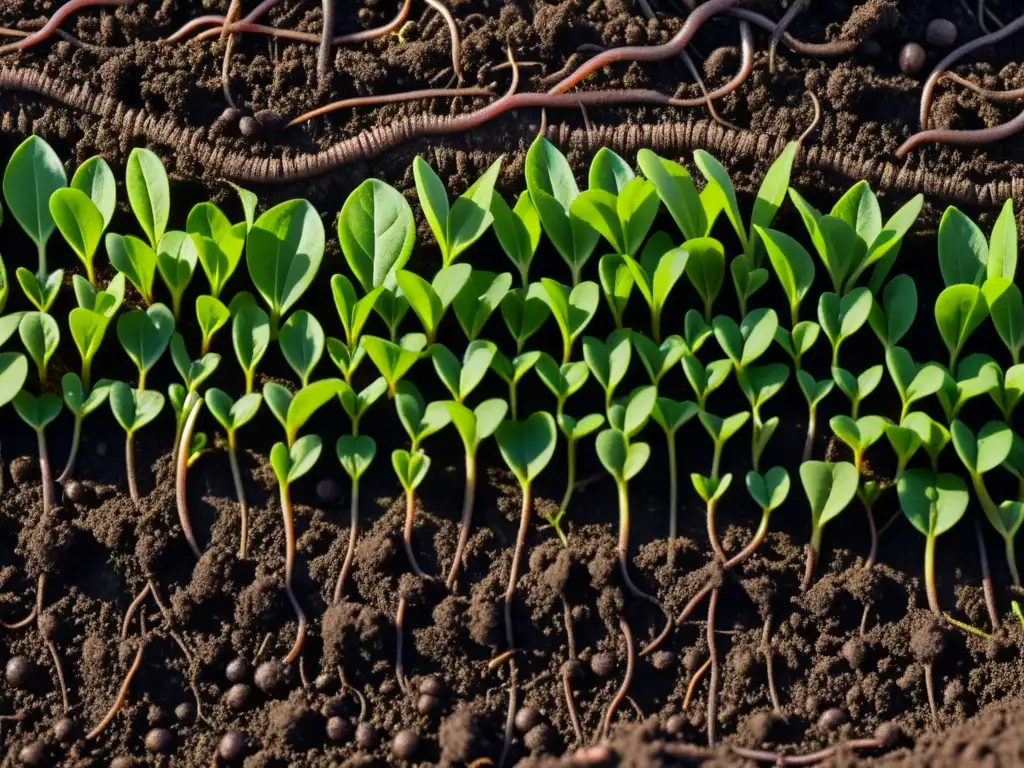 Imagen de suelo orgánico saludable, con vida y vitalidad, donde brotan plantas verdes