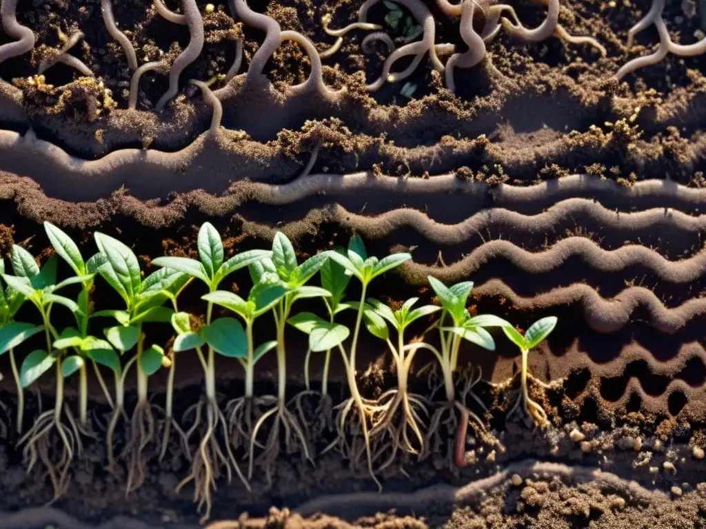 Imagen de suelo saludable, rico en microorganismos y materia orgánica, con raíces de plantas entrelazadas