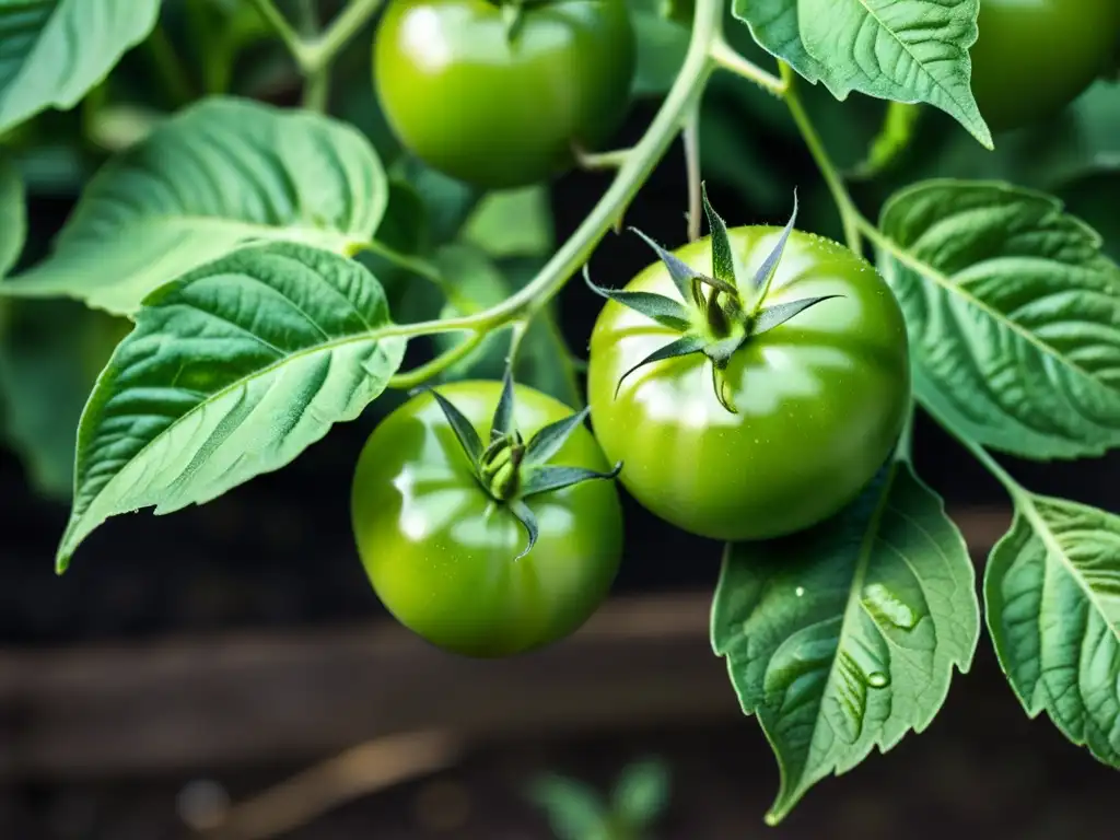 Imagen de tomates orgánicos vibrantes y saludables en un jardín, resaltando su vitalidad y belleza natural, prevención enfermedades cultivos orgánicos