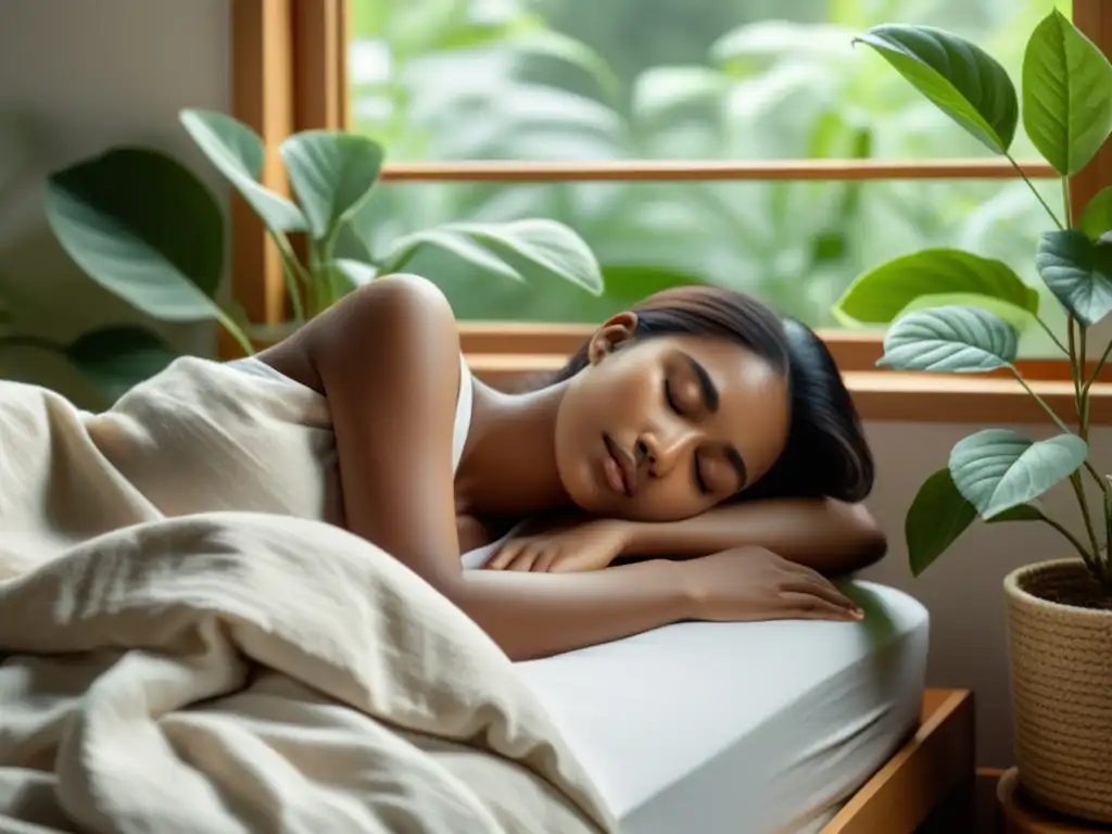 Imagen tranquila de una persona durmiendo en una cama con sábanas de algodón orgánico, rodeada de plantas