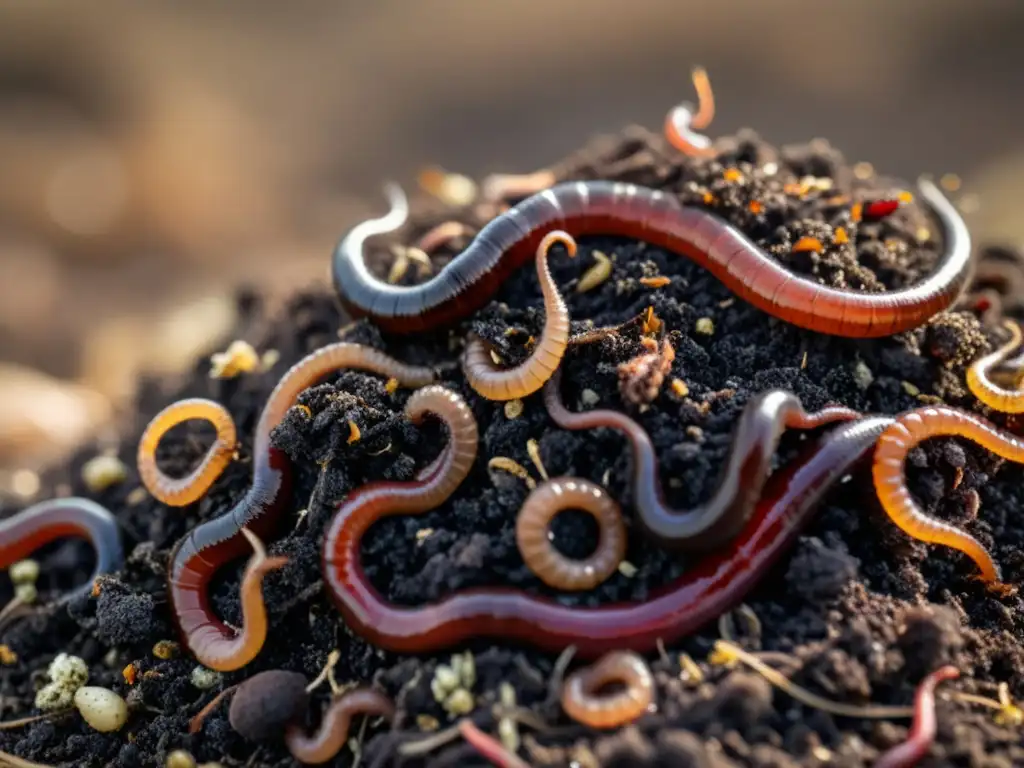 Vermicompost Vivo: Detalles Impactantes Una imagen de vermicompost oscuro y rico, con lombrices rojas moviéndose entre la materia orgánica, ideal para criar lombrices para compostaje eficaz