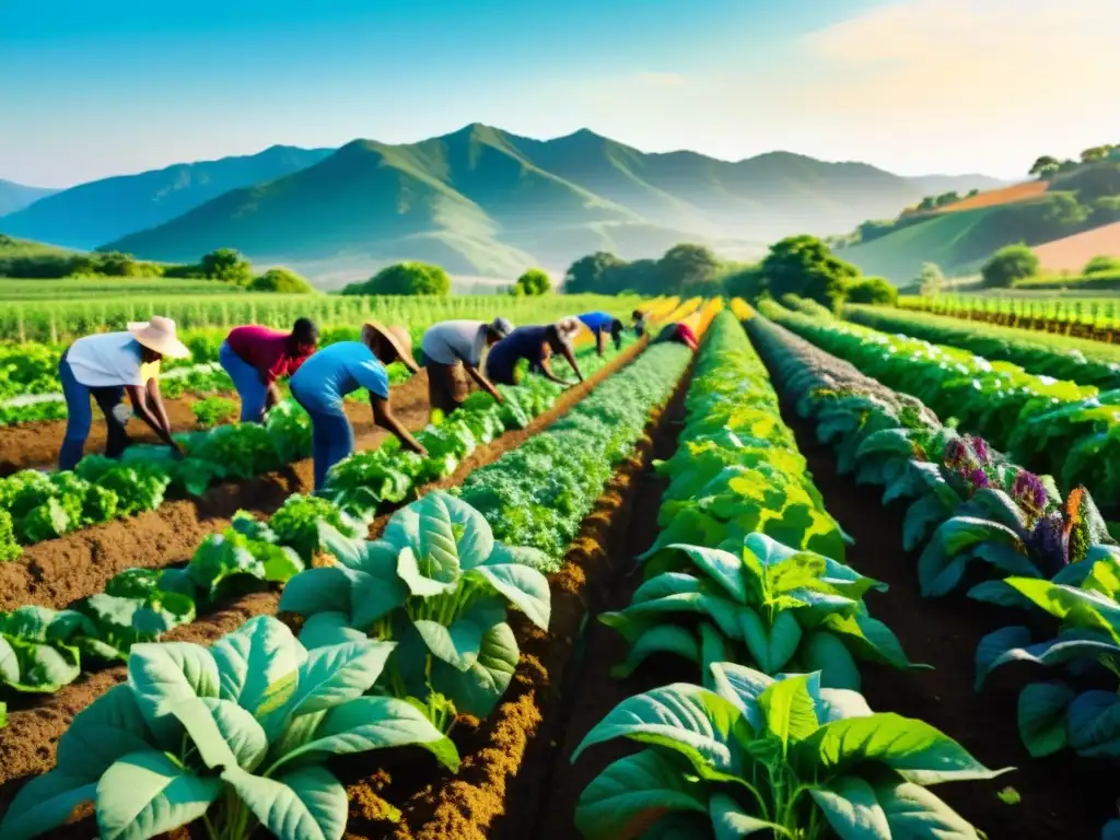 Colectivo diverso cuidando cultivos orgánicos Una imagen vibrante de agricultores y activistas trabajando juntos en un campo soleado y exuberante, promoviendo la producción de alimentos orgánicos sostenible con una cosecha abundante