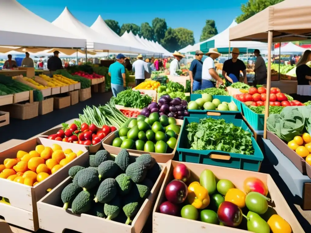 Una imagen vibrante de un bullicioso mercado de agricultores con productos orgánicos coloridos