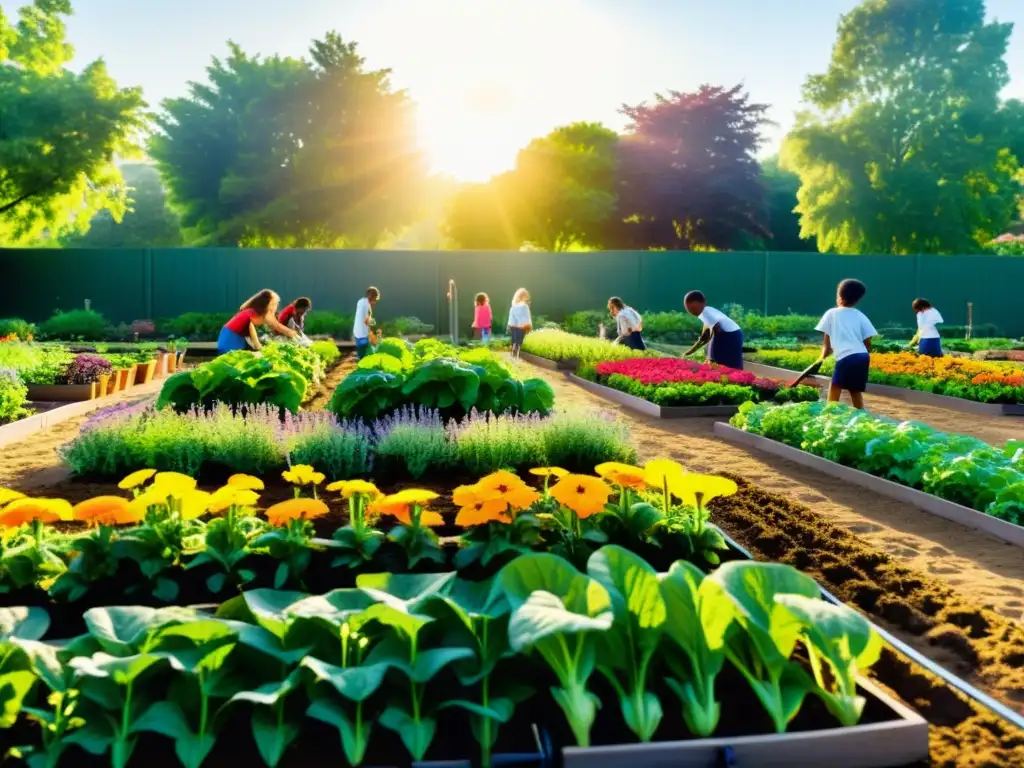 Una imagen vibrante de un jardín escolar con filas de vegetales verdes y flores coloridas