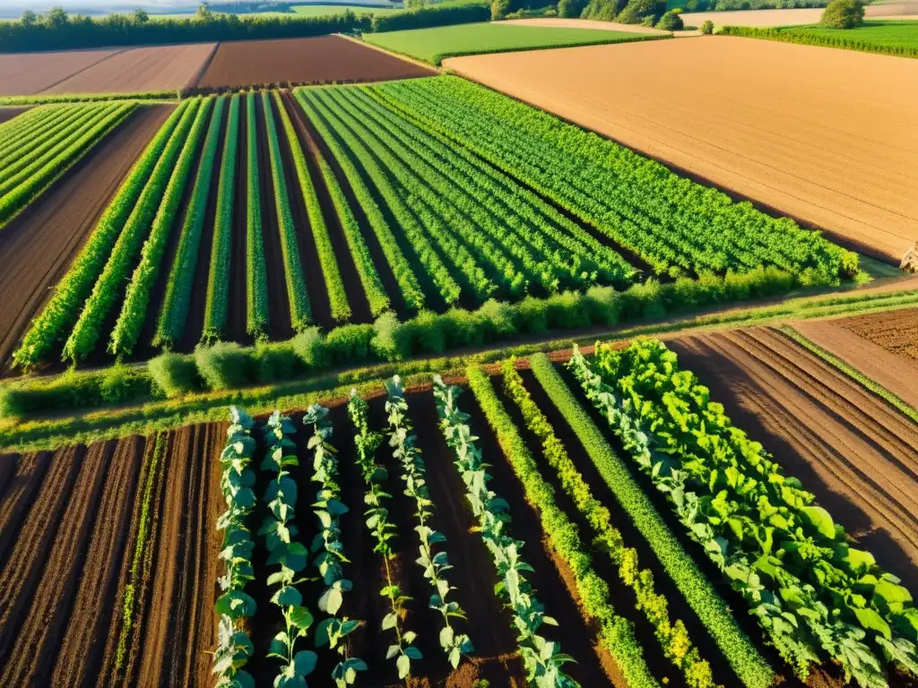 Imagen vibrante de una granja orgánica próspera, con cultivos ordenados y montones de compost