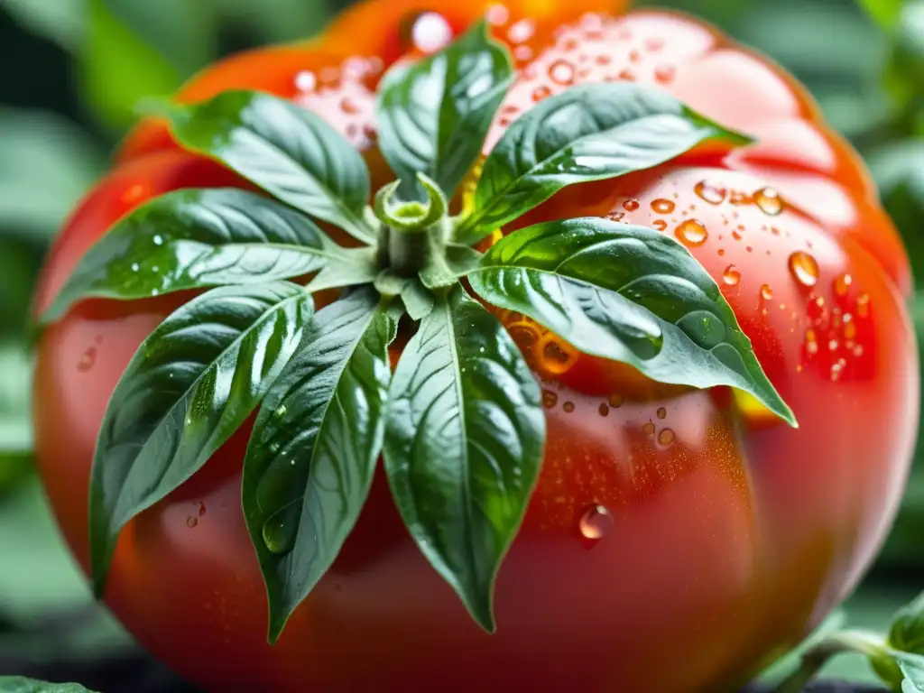 Imponente tomate orgánico sobre hojas de albahaca fresca, bañado por el sol