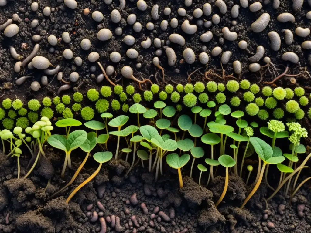 La importancia de la materia orgánica en el microbioma del suelo, capturando la compleja red de vida y nutrientes en la tierra